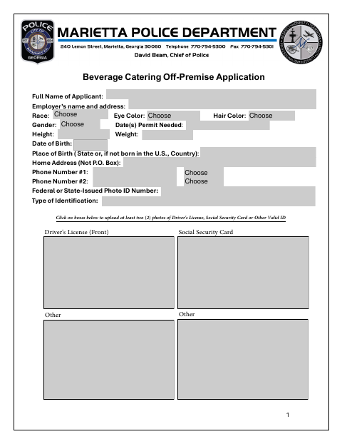 First page of the Beverage Catering Off-Premise Application