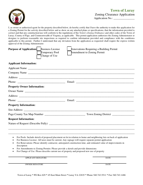 First page of the Zoning Clearance Application