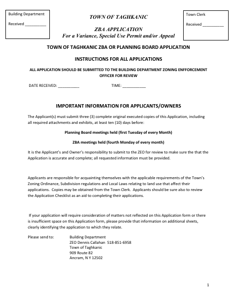 First page of the ZBA Application for Variance, Special Use Permit, or Appeal