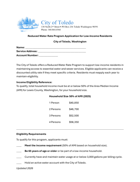 First page of the Reduced Water Rate Program Application for Low-Income Residents