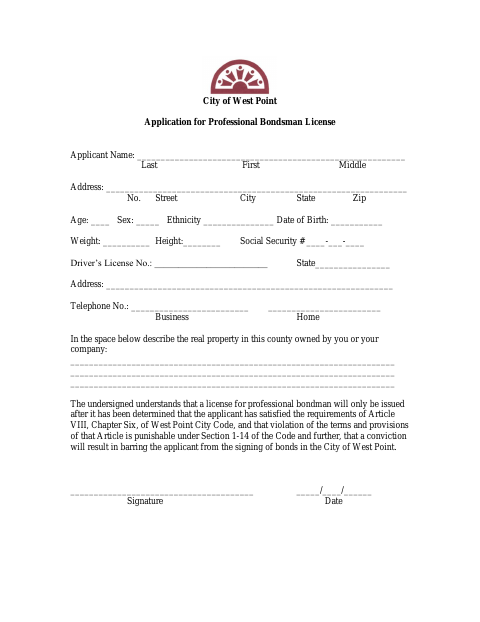 First page of the Application for Professional Bondsman License