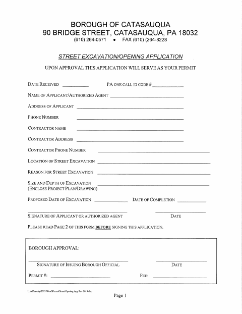 First page of the Street Excavation Opening Application