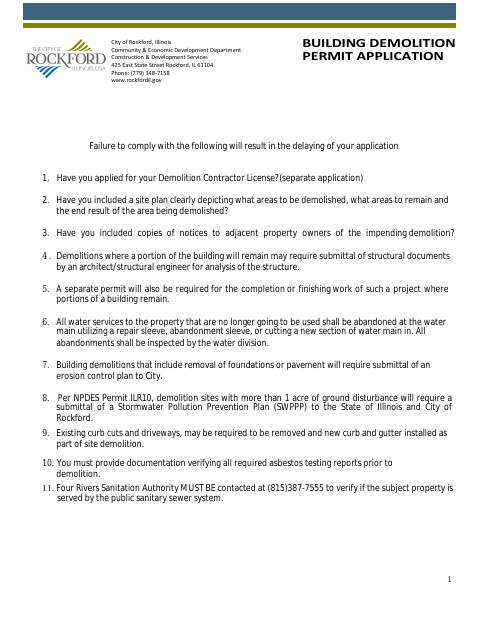 First page of the Building Demolition Permit Application