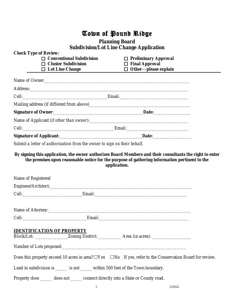 First page of the Planning Board Subdivision and Lot Line Change Application