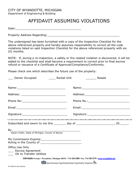 First page of the Affidavit Assuming Violations