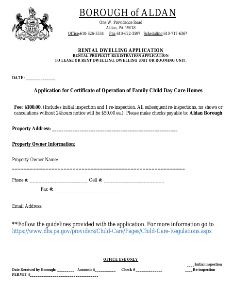 First page of the Application for Certificate of Operation of Family Child Day Care Homes