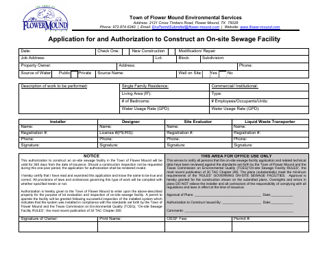 First page of the Application for and Authorization to Construct an On-Site Sewage Facility