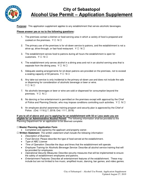 First page of the Alcohol Use Permit Application Supplement