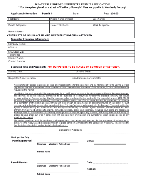 First page of the Dumpster Permit Application