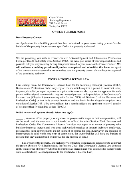 First page of the Owner-Builder Form