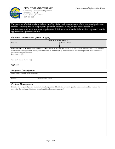First page of the Environmental Information Form