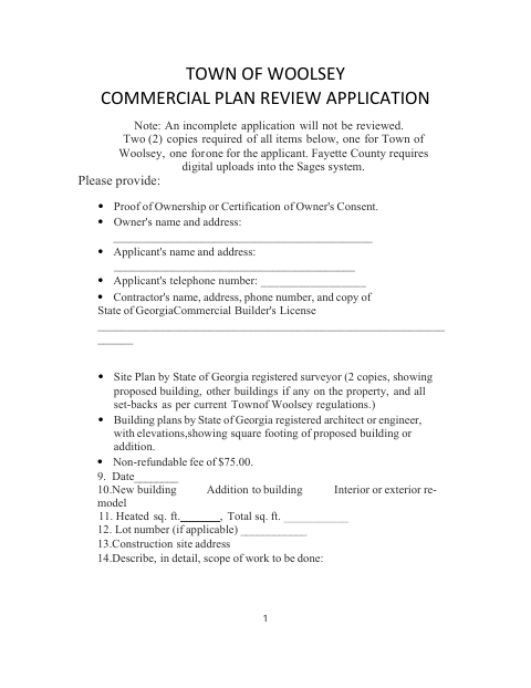 First page of the Commercial Plan Review Application