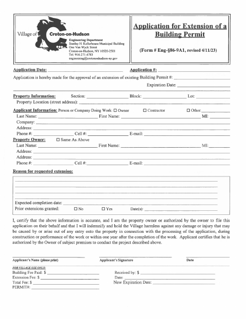 First page of the Building Permit Extension Application