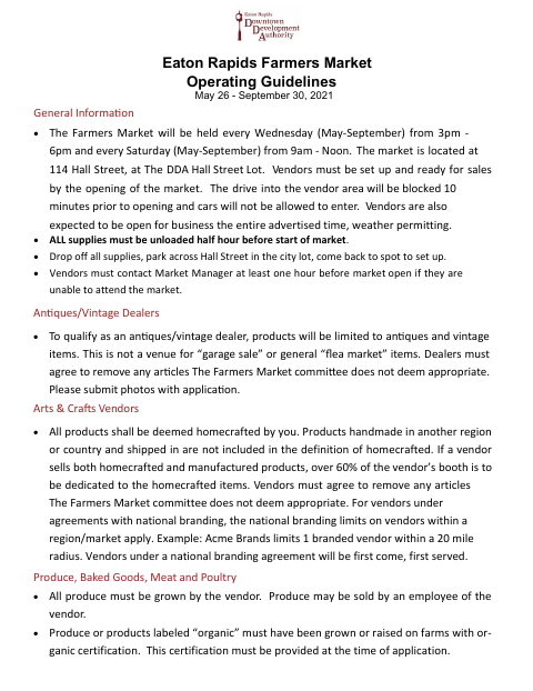 First page of the Farmers Market Vendor Application