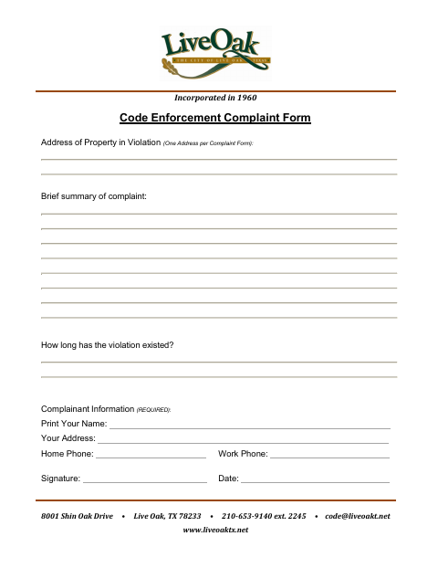 First page of the Code Enforcement Complaint Form