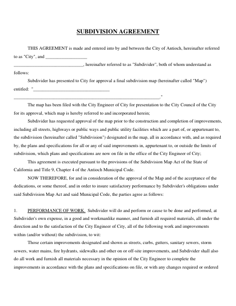 First page of the Subdivision Agreement