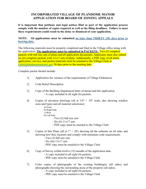 First page of the Board of Zoning Appeals Variance Application