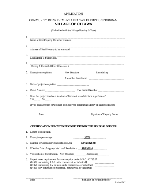 First page of the Community Reinvestment Area Tax Exemption Program Application