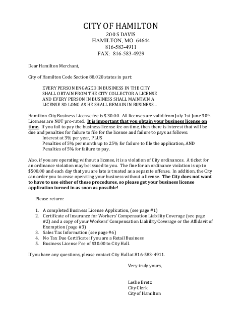 First page of the Business License Application