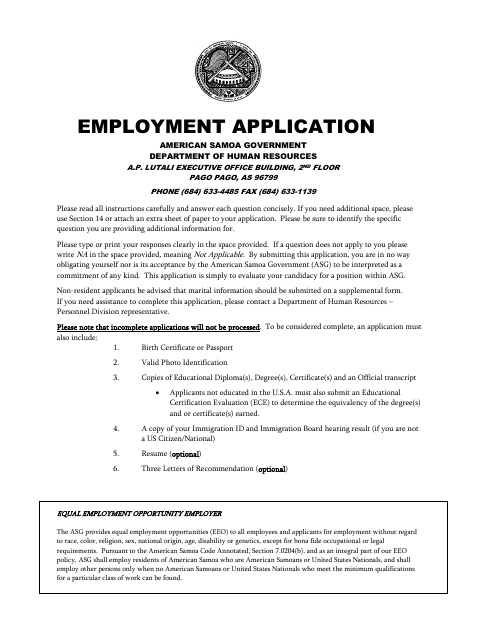 First page of the Employment Application