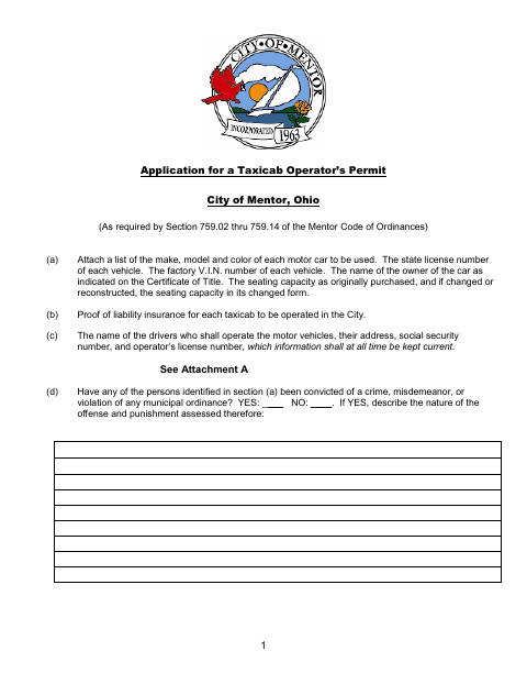 First page of the Application for a Taxicab Operator’s Permit