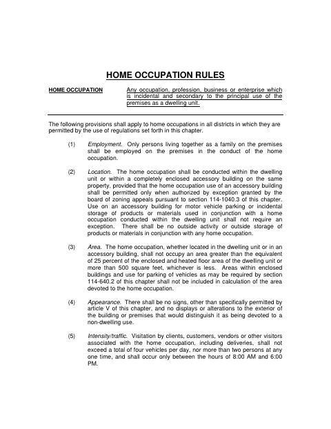 First page of the Home Occupation Rules
