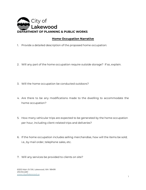 First page of the Home Occupation Narrative
