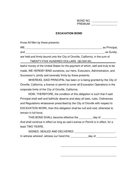 First page of the Excavation Bond