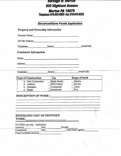 First page of the Electrical/Alarm Permit Application