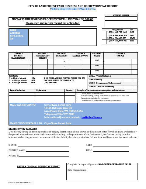 First page of the Business and Occupation Tax Report