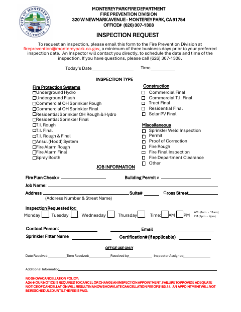 First page of the Fire Inspection Request