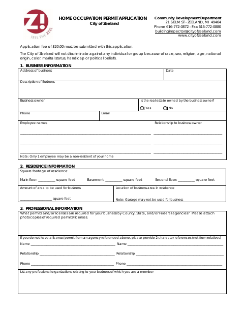 First page of the Home Occupation Permit Application