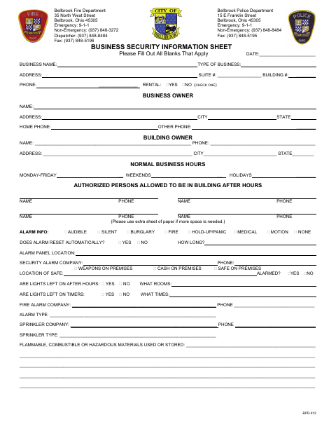 First page of the Business Security Information Sheet
