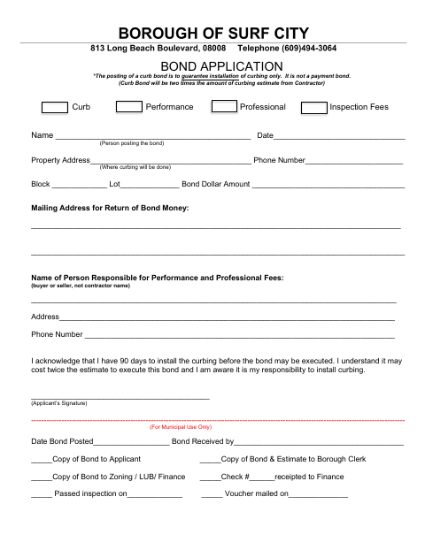 First page of the Curb Bond Application