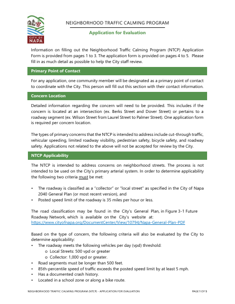 First page of the Neighborhood Traffic Calming Program Application for Evaluation