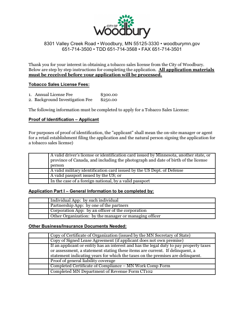 First page of the Tobacco Sales License Application