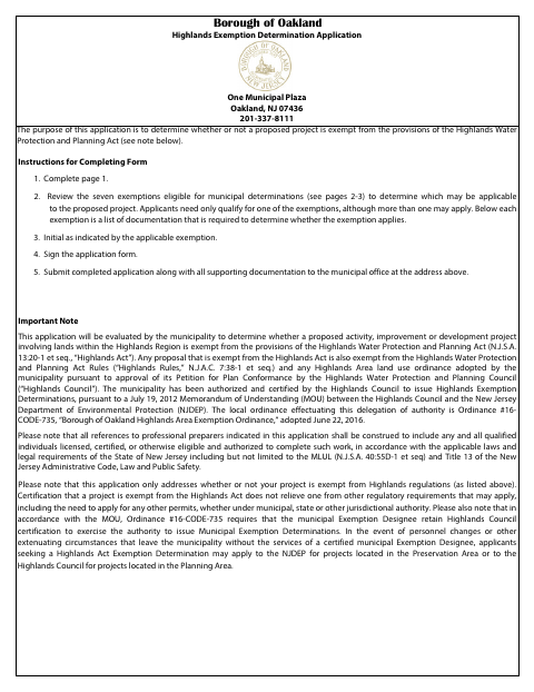 First page of the Highlands Exemption Determination Application