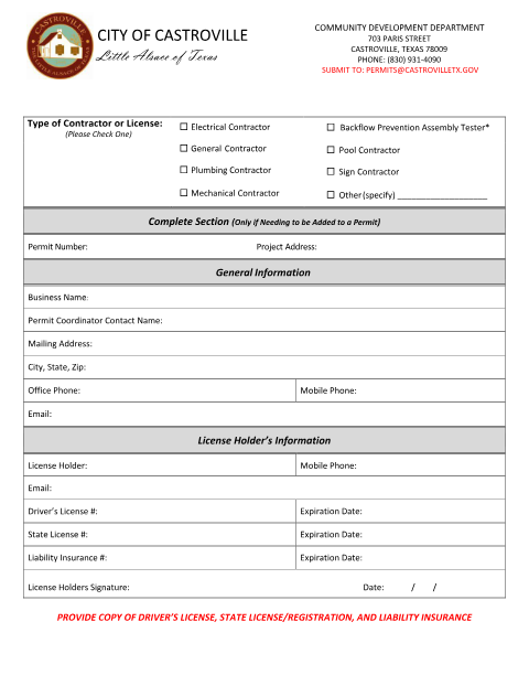 First page of the Contractor Registration Form