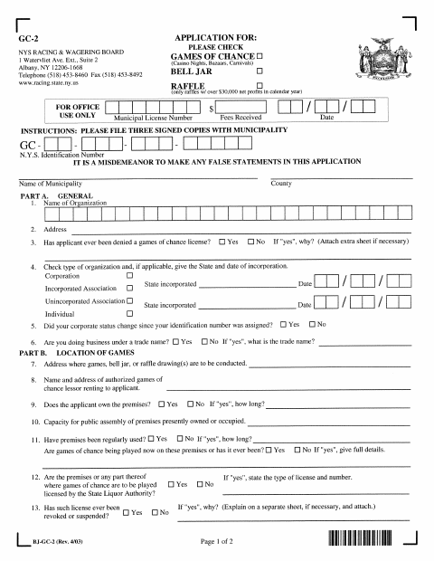 First page of the GC-2 Games of Chance Application