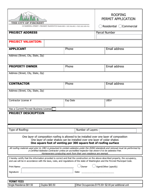 First page of the Roofing Permit Application