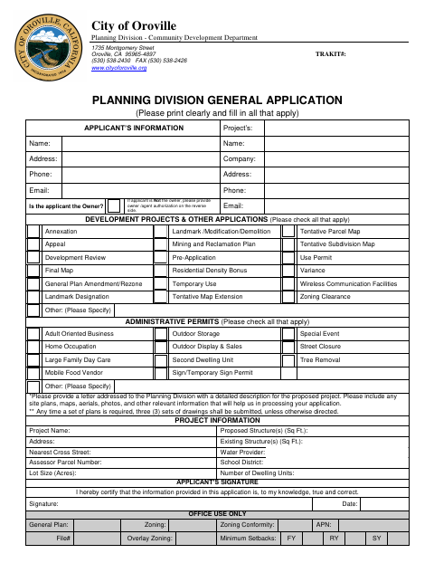 First page of the General Planning Division Application