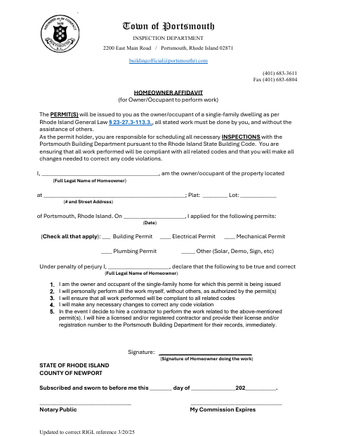 First page of the Homeowner Affidavit