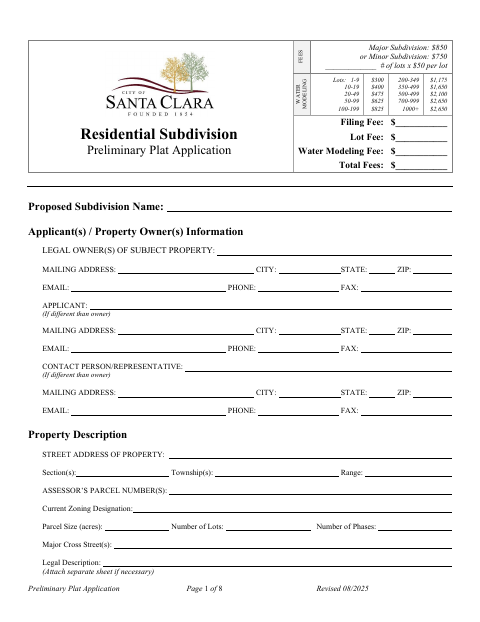 First page of the Residential Subdivision Preliminary Plat Application
