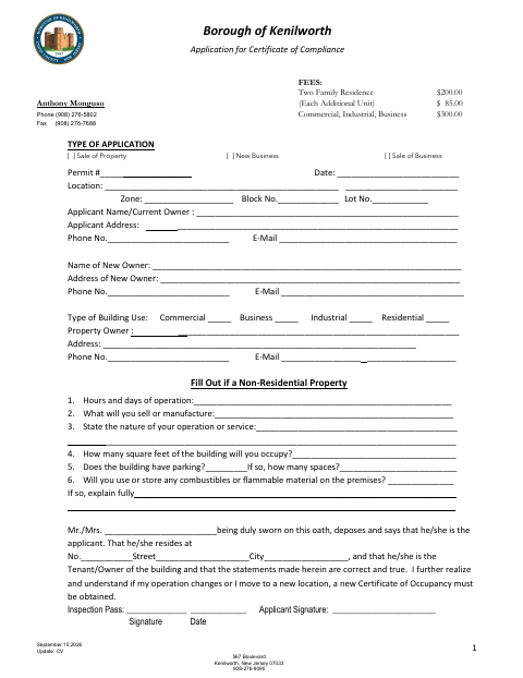 First page of the Application for Certificate of Compliance