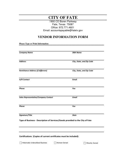 First page of the Vendor Information Form