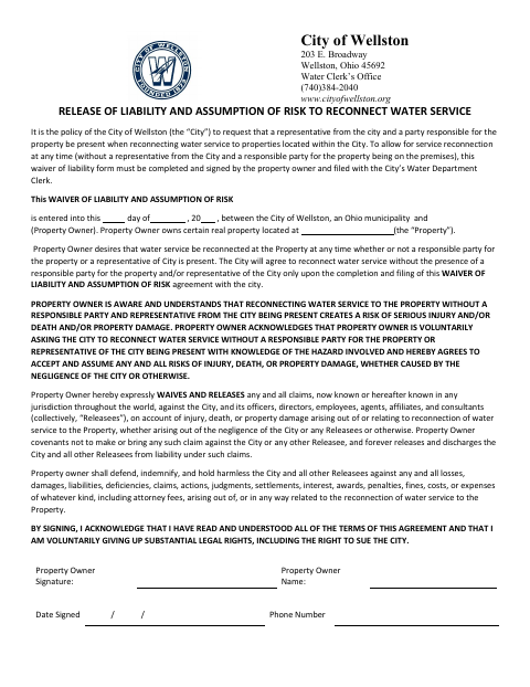 First page of the Release of Liability and Assumption of Risk to Reconnect Water Service