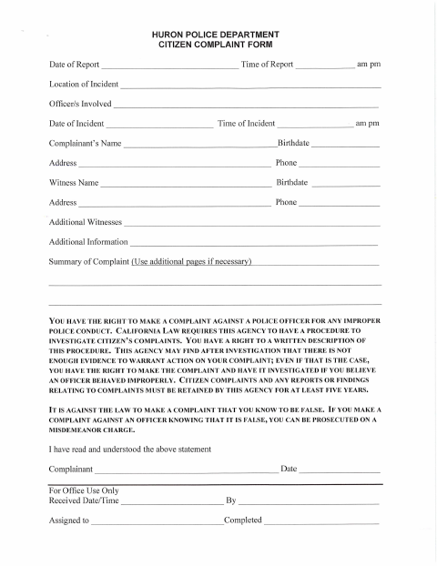 First page of the Citizen Complaint Form
