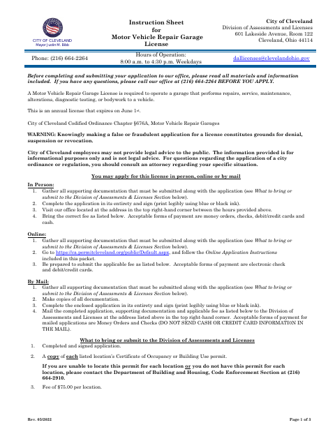 First page of the Motor Vehicle Repair Garage License Application