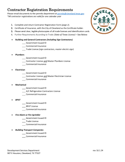 First page of the Contractor Registration