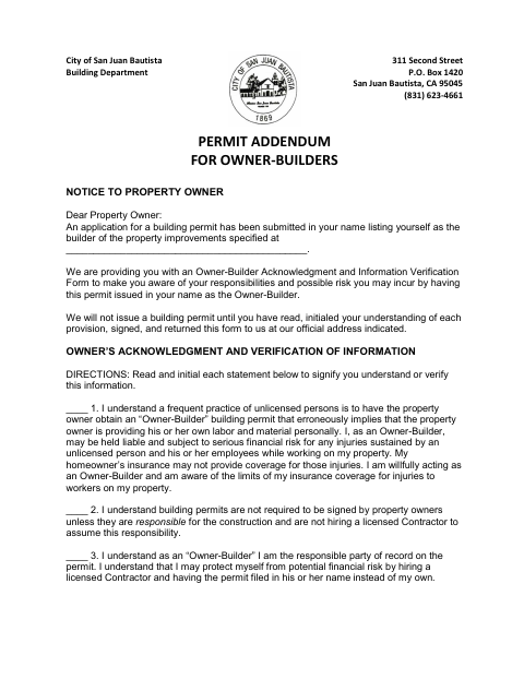 First page of the Permit Addendum for Owner-Builders